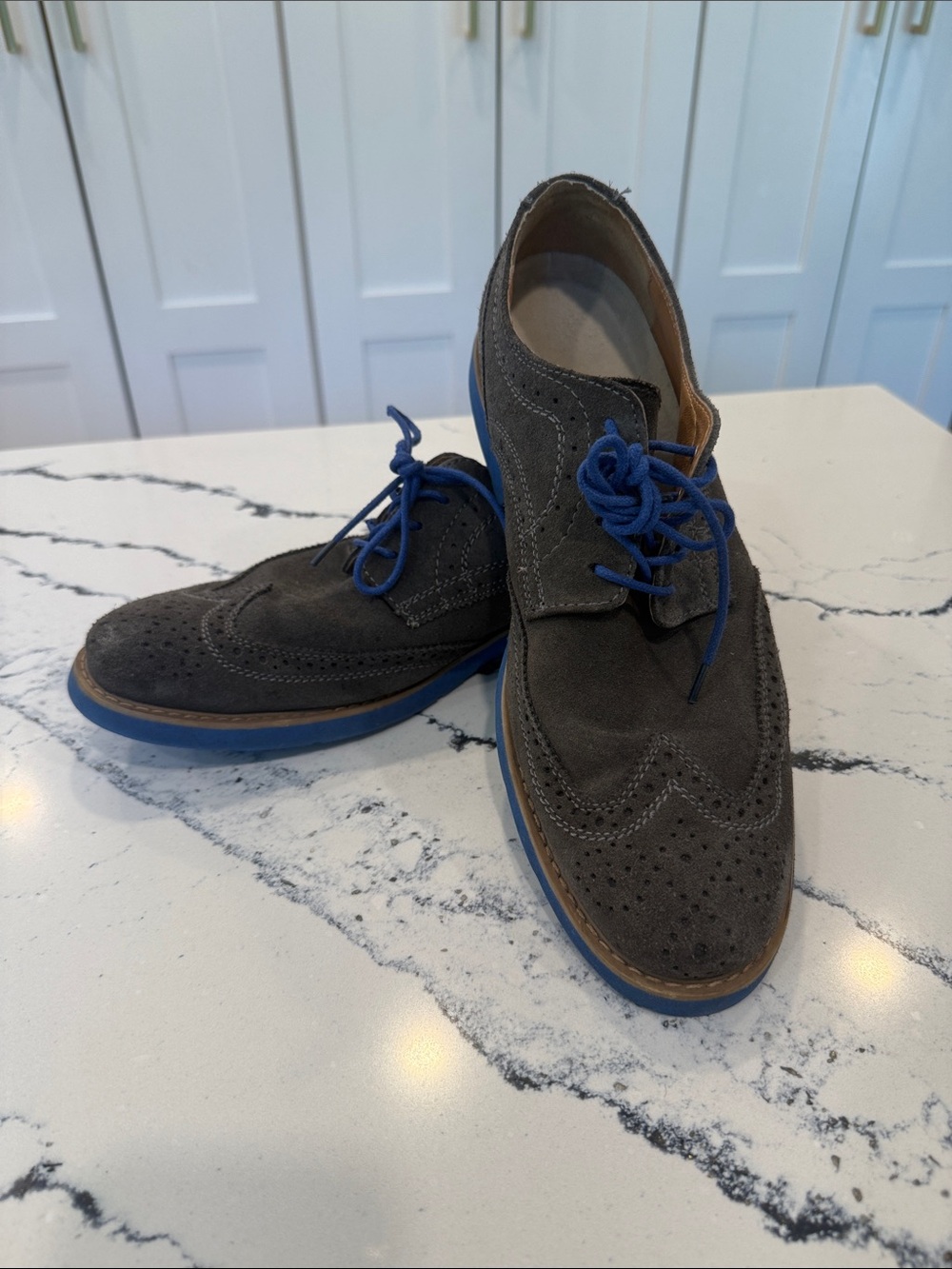 Stafford Gray Suede Wingtip Oxfords with Blue Accents